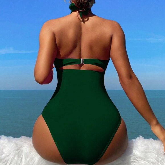 Dark Green Women's Hollow Out Ruffle Monokini Swimsuit - Picture 2 of 5